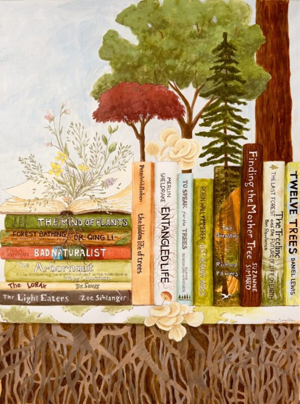 My bookshelf: Who writes for the trees? Who reads for the trees? - acrylic & marker 24 x 18 inches